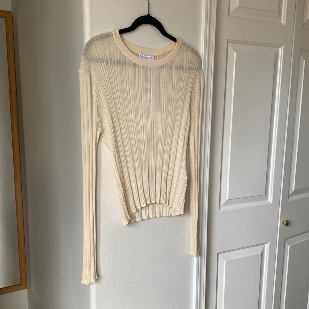 And Now This - Cream Ribbed Cover Over Long Sleeve Thin Blouse / Light Sweater